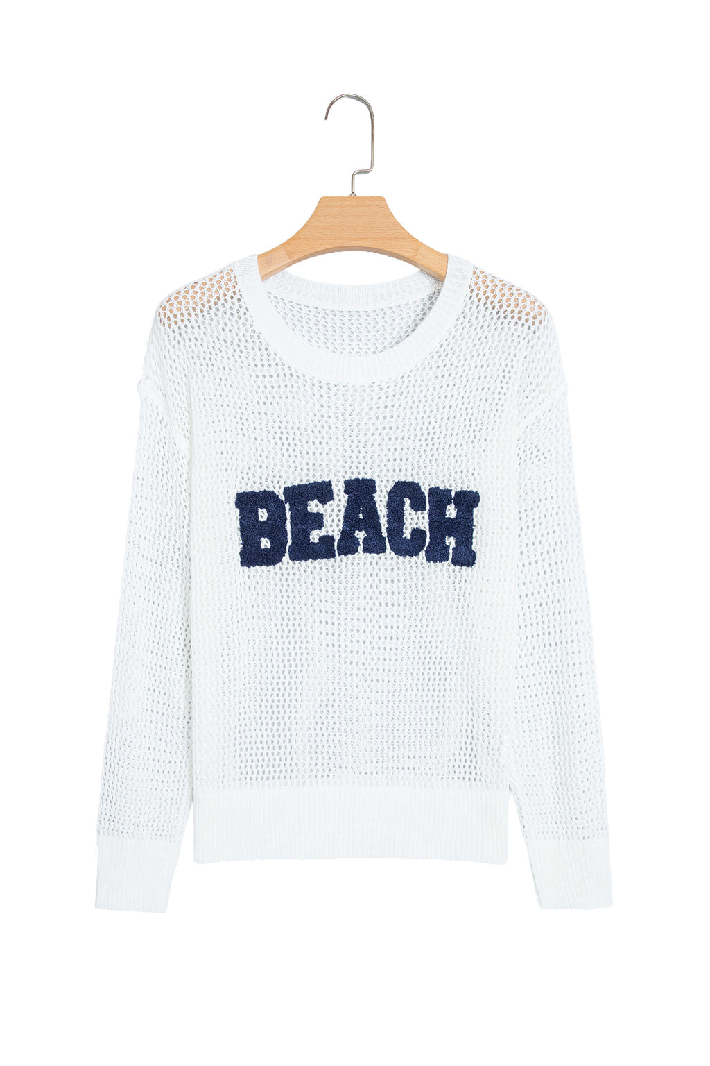 White Chenille BEACH Lettering Hollow Out Knit Casual Sweater