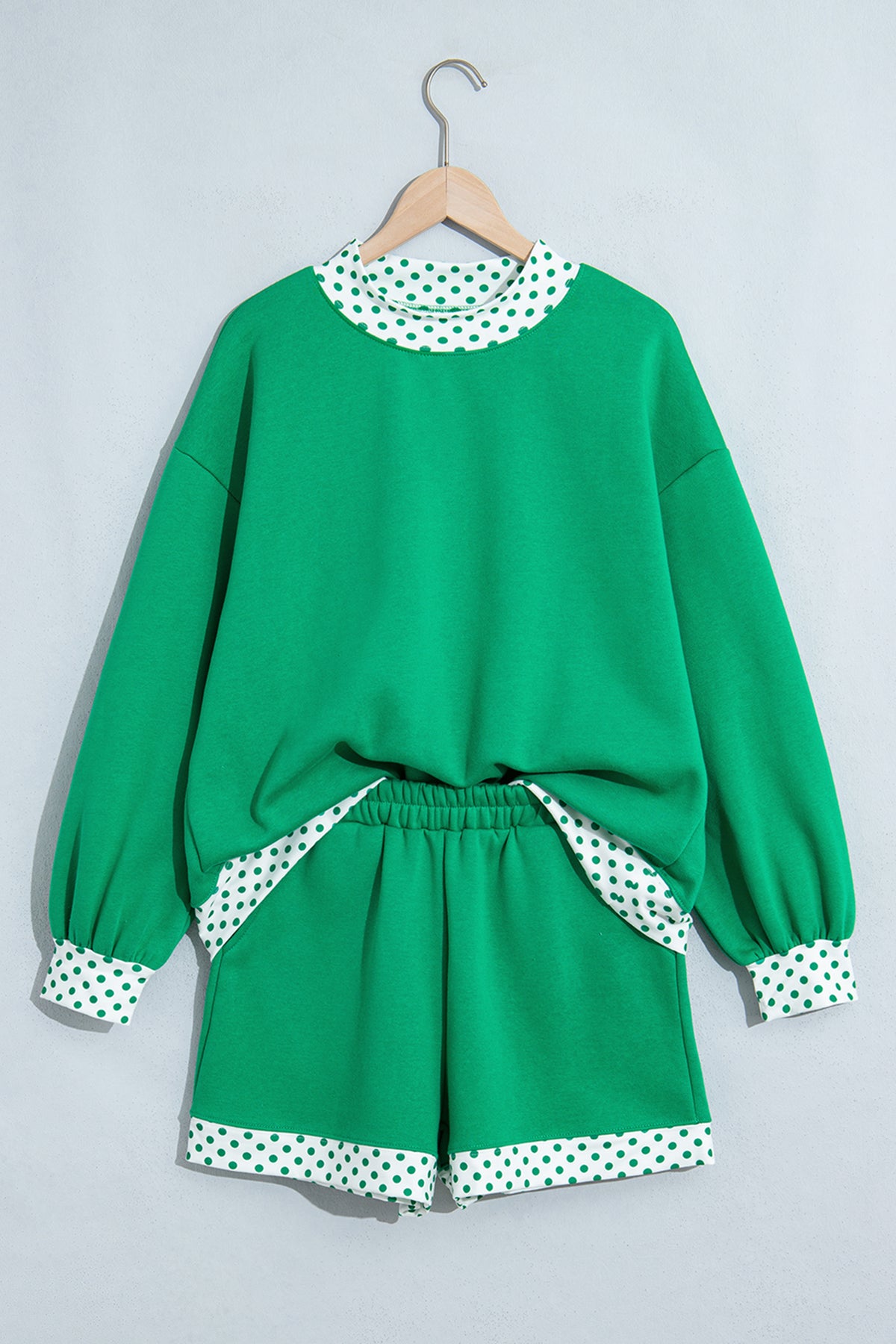Bright Green Polka Dot Trim Baggy Pullover 2pcs Short Set