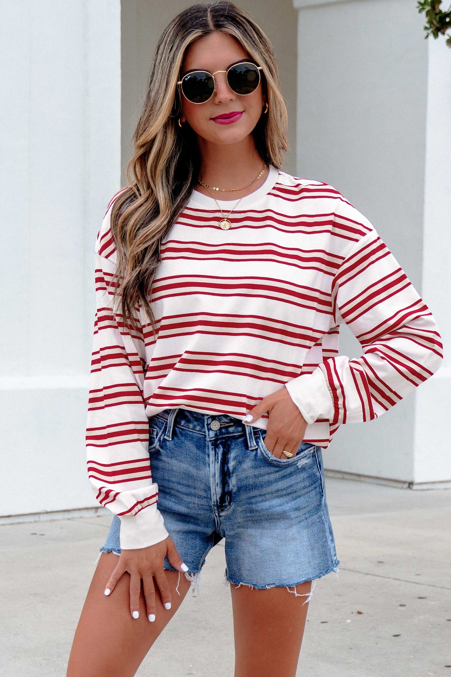 Red Stripe Dropped Shoulder Long Sleeve Casual Pullover Top