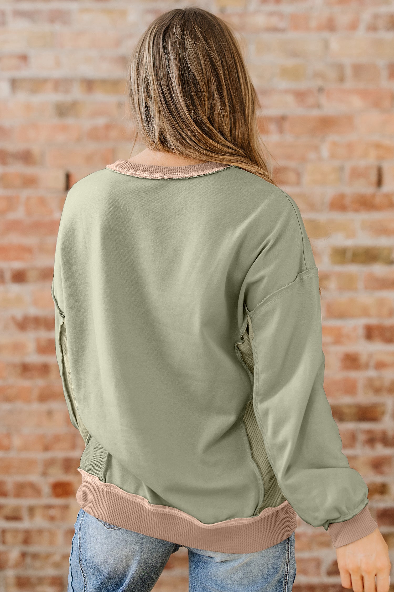 Wild Wind Color Block Mix Texture Waffle Patchwork Oversize Sweatshirt