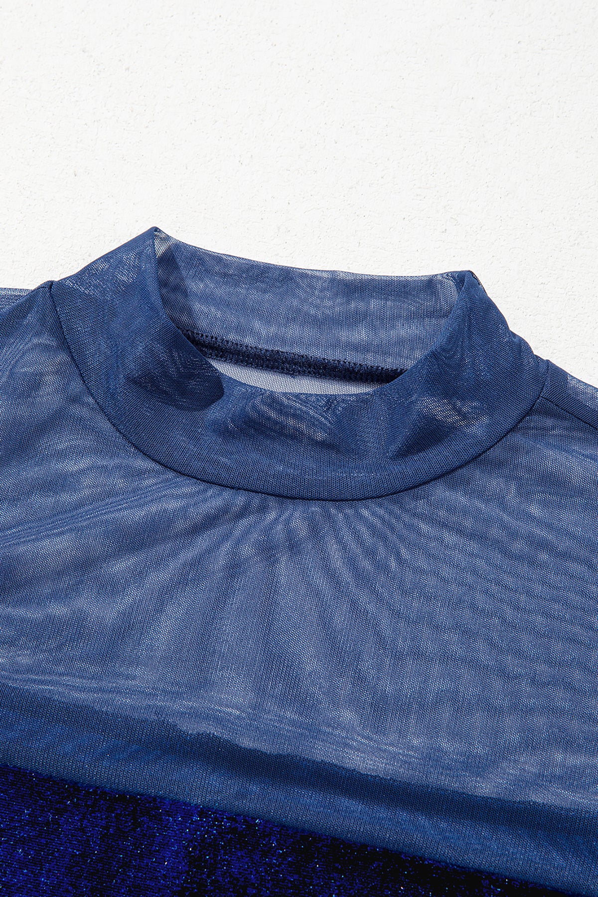Navy Blue Velvet Long Sleeve Sheer Neck Patchwork Casual Pullover Top