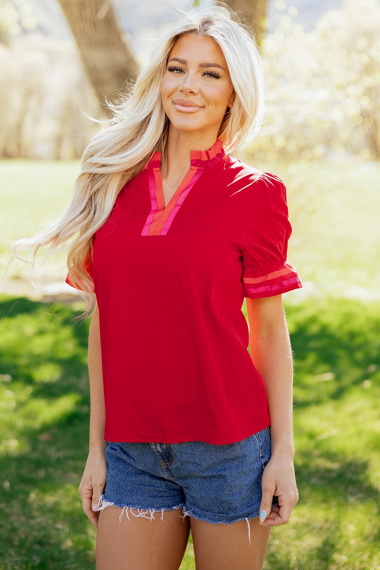 Green Striped Frilled Collar Ruffled Short Sleeve Blouse