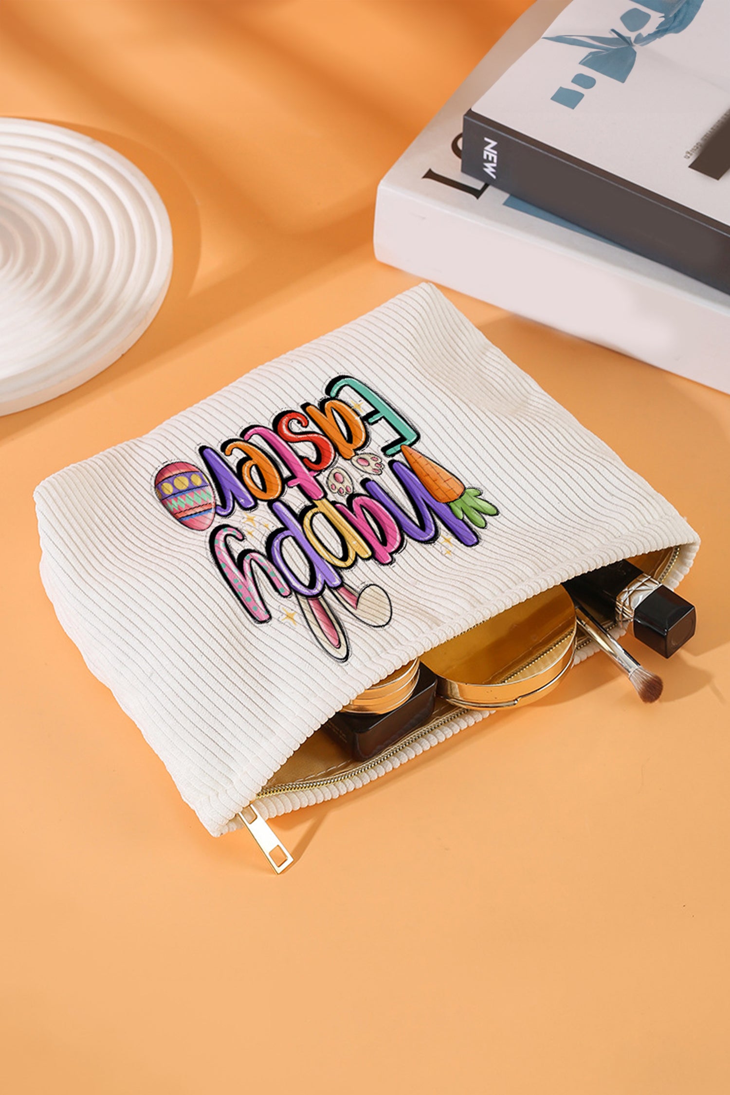 White Happy Easter Playful Printed Corduroy Makeup Bag