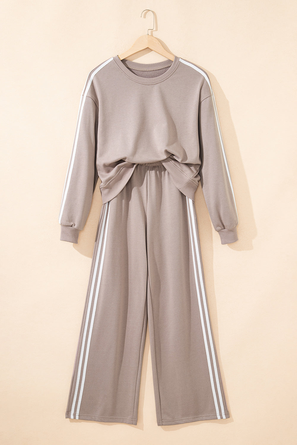 Gray Morn Varsity Striped Detail Crewneck Pullover Elastic Sweatpants 2pcs Outfit
