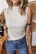 White Solid Color Wavy Textured Round Neck Tank Top