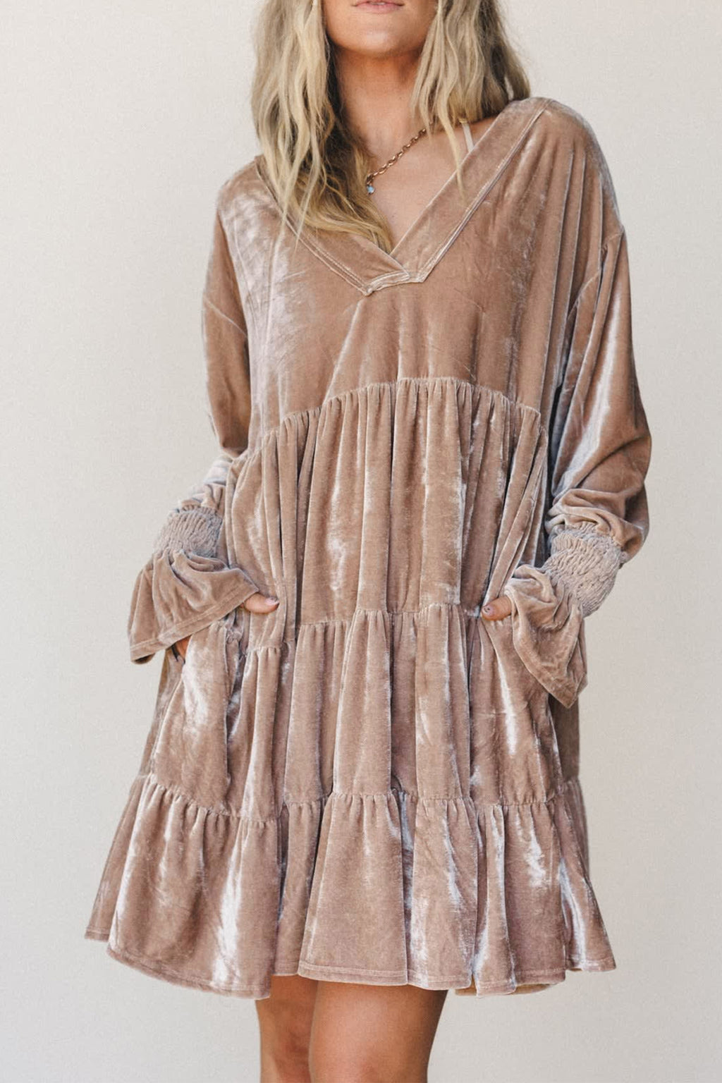 Smoke Gray Solid Color V Neck Velvet Tiered Long Sleeve Dress