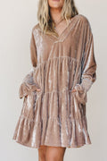 Smoke Gray Solid Color V Neck Velvet Tiered Long Sleeve Dress