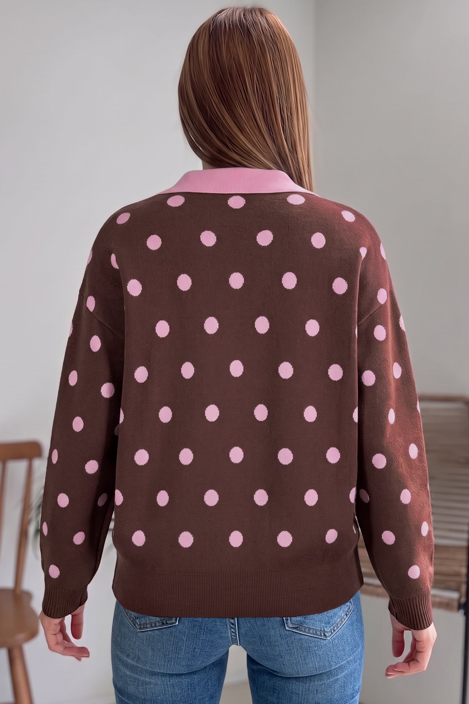 Pink Polka Dot Pattern Color Block Collared Loose Pullover Sweater