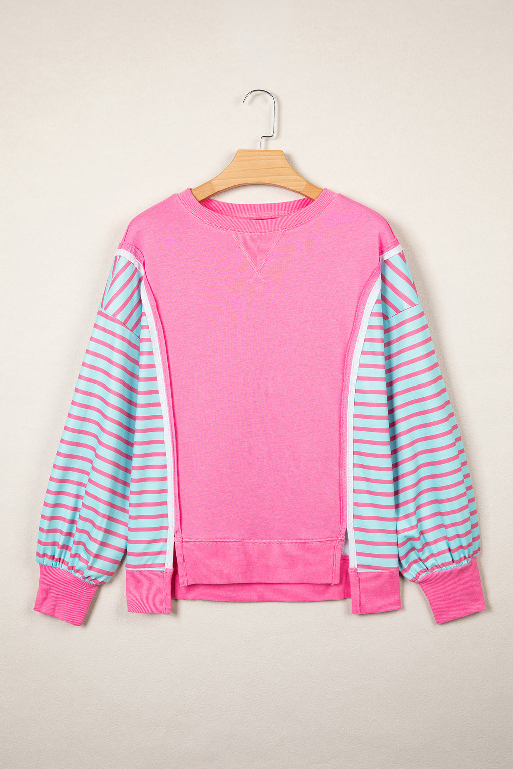 Rose Stripe Color Block Patchwork Relaxed Split Long Sleeve Top