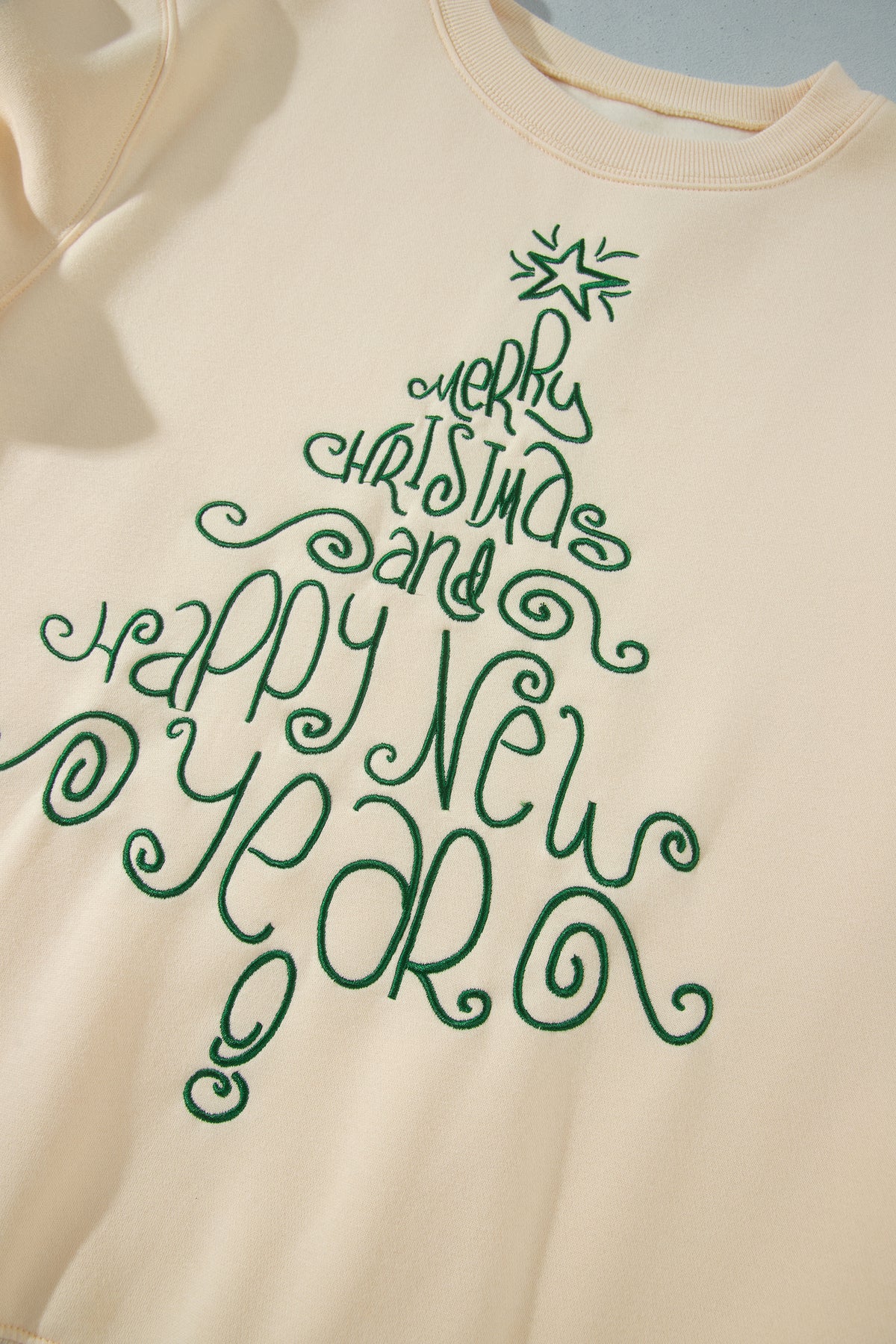 Apricot Merry Christmas and Happy New Year Embroidered Holiday Slogan Sweatshirt