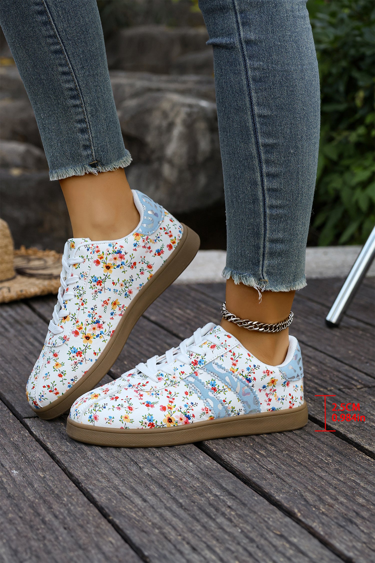 Dark Green Fresh Floral Print Color Block Detail Lace Up Shoes