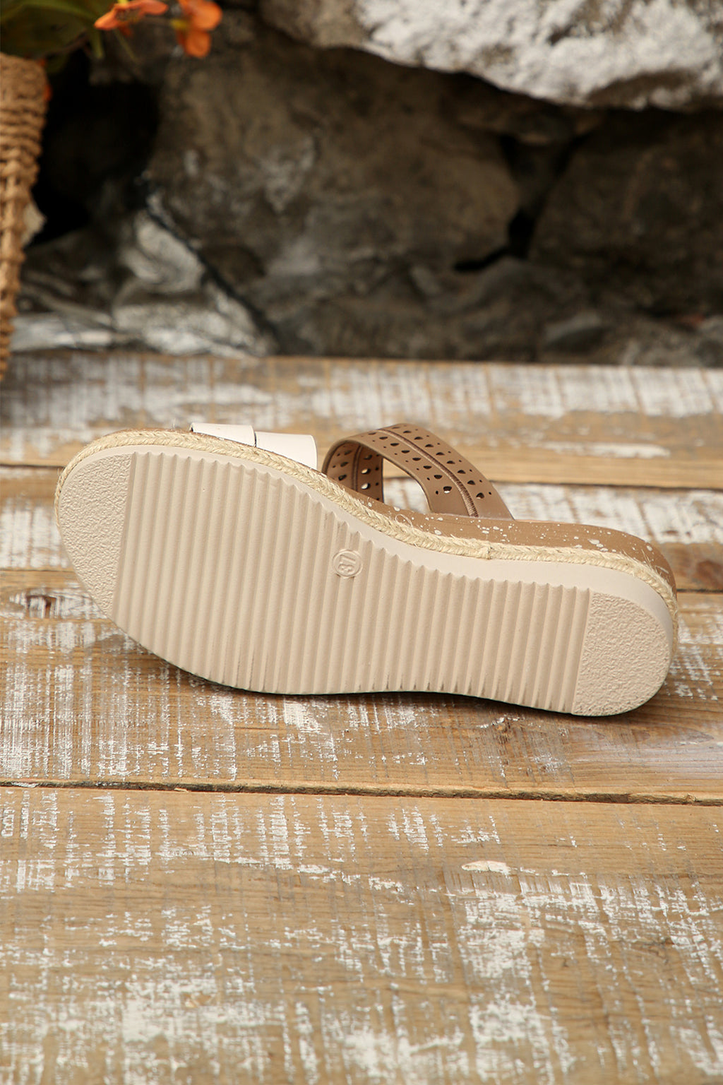 Coffee Hollowed Detail Color Block Straps Platform Wedge Slippers