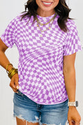 Purple Checkered Print Crew Neck Mesh T Shirt
