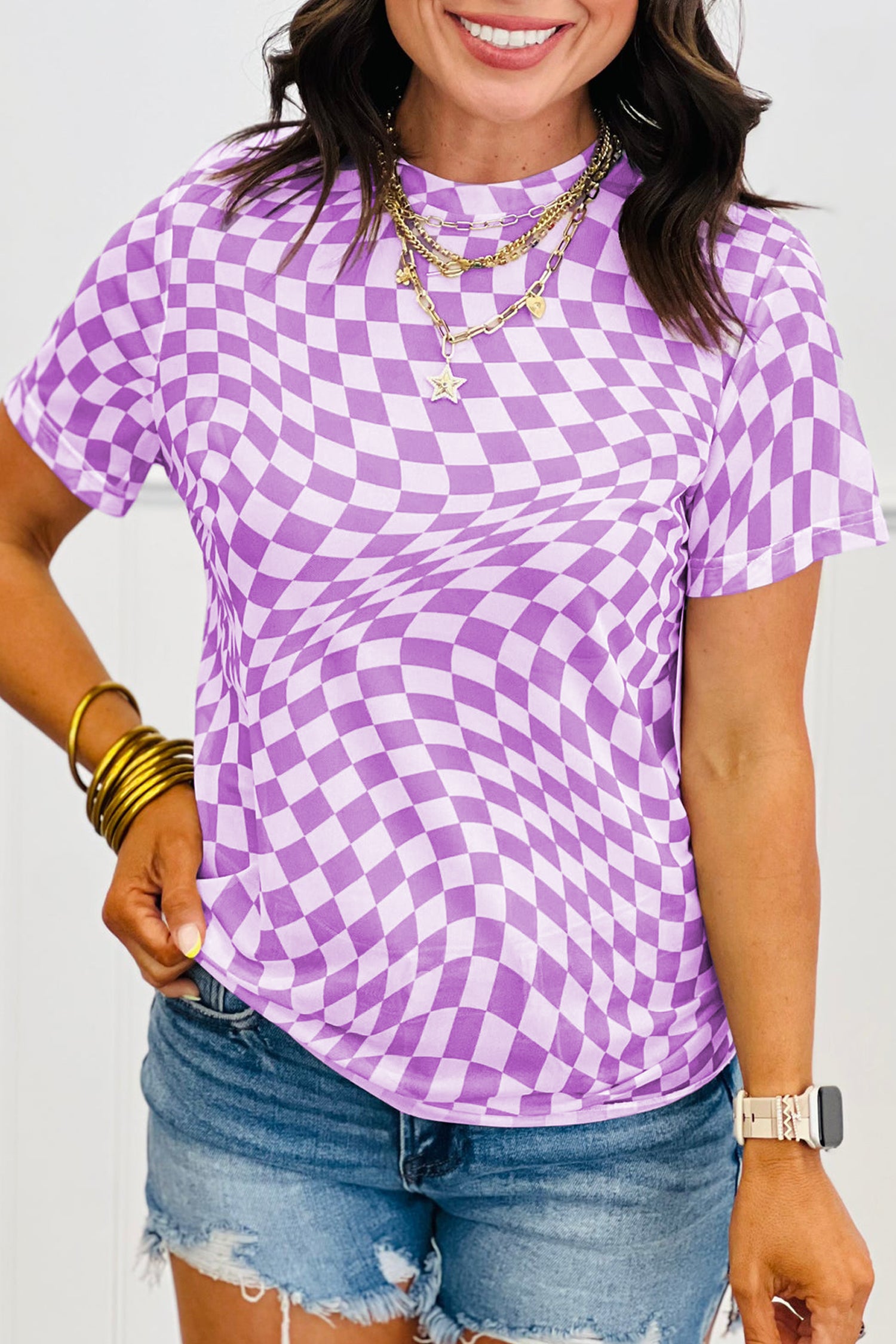 Purple Checkered Print Crew Neck Mesh T Shirt