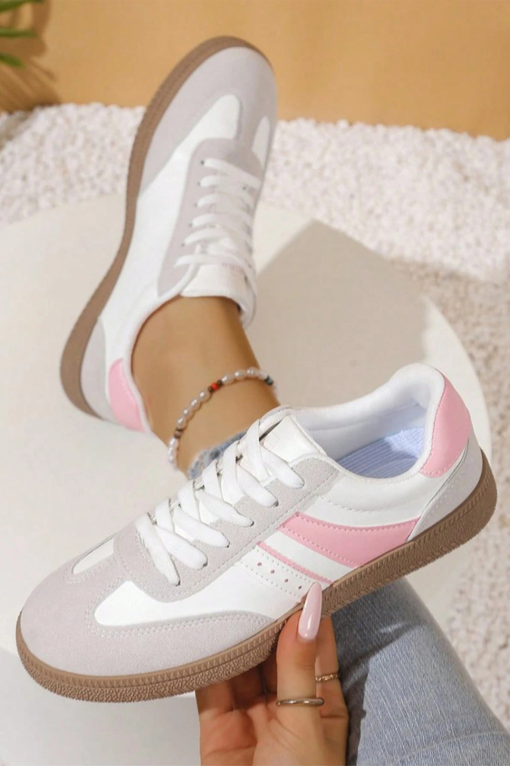 Pink Fashionable Patchwork Lace Up Low Top Casual Flat Sneakers
