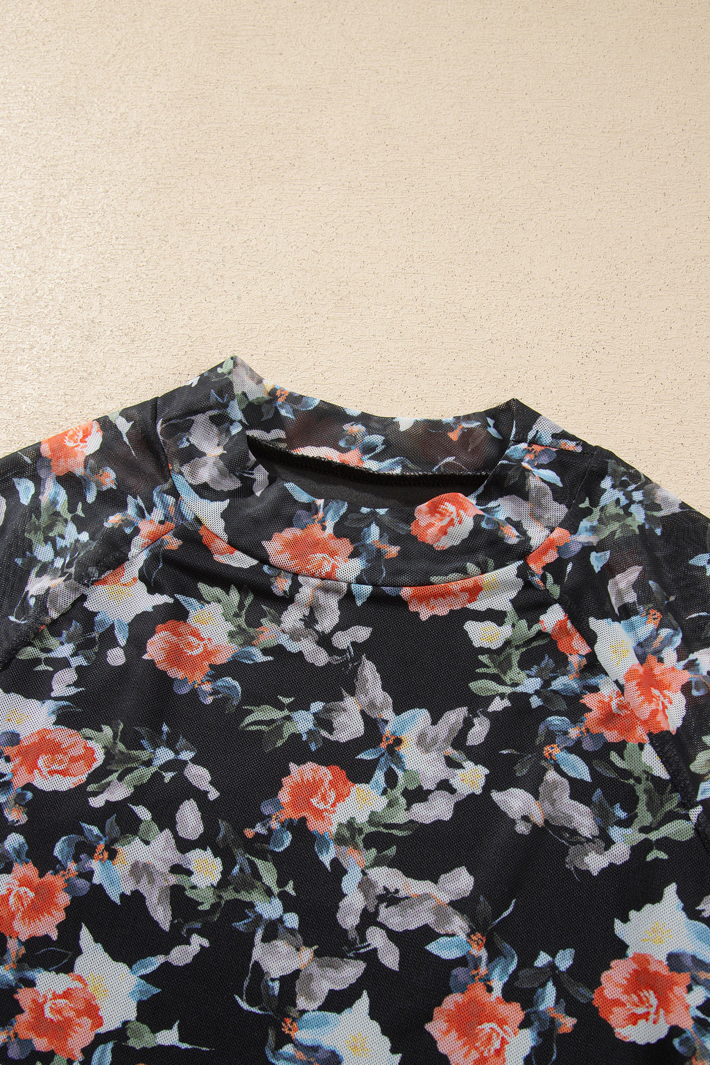 Black Floral Print Mesh Long Sleeve Stand Neck Pullover Top