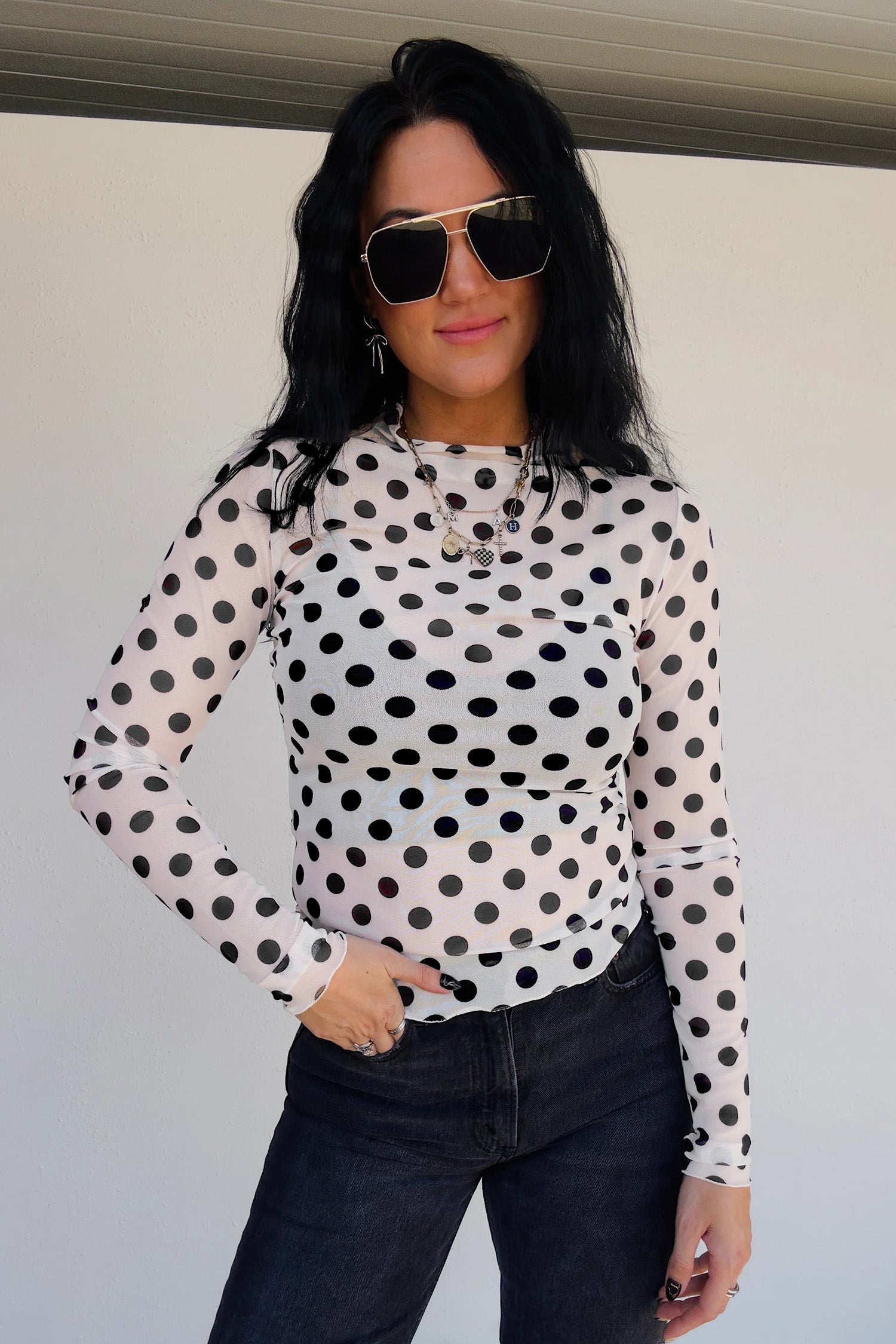 White Polka Dot Sheer Long Sleeve Round Neck Slim Top