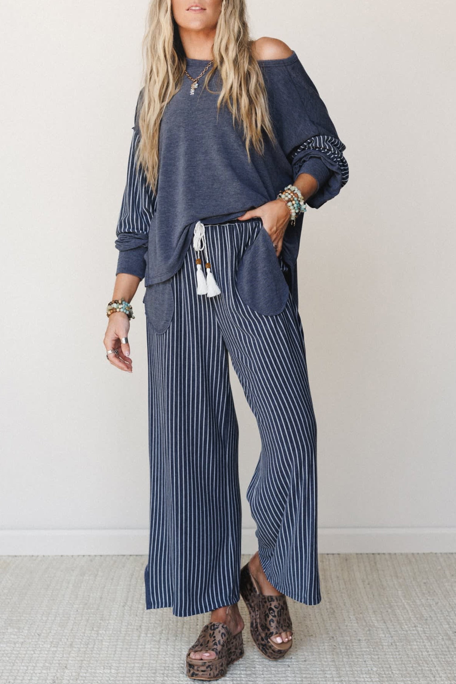 Real Teal Raw Seam Patchwork Long Sleeve Top Pocket Casual Pants 2pcs Set