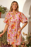 Pink Striped Floral Print Tie Neck Puff Sleeve Loose Mini Dress