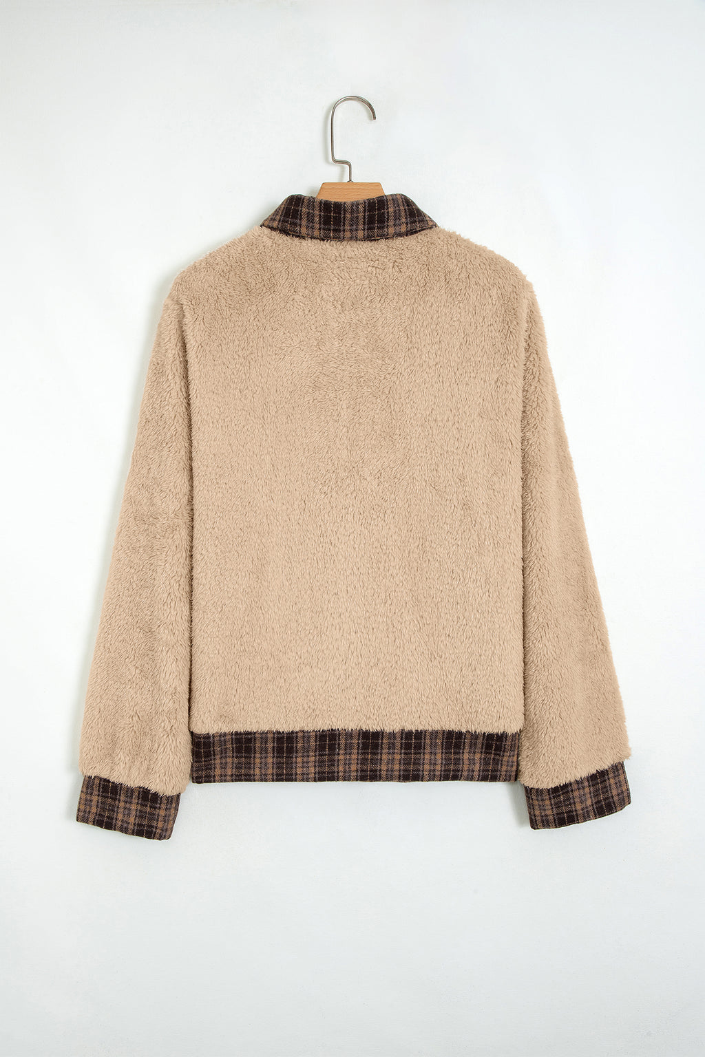 Light French Beige Plaid Collar Button Front Fleece Pullover Sweatshirt