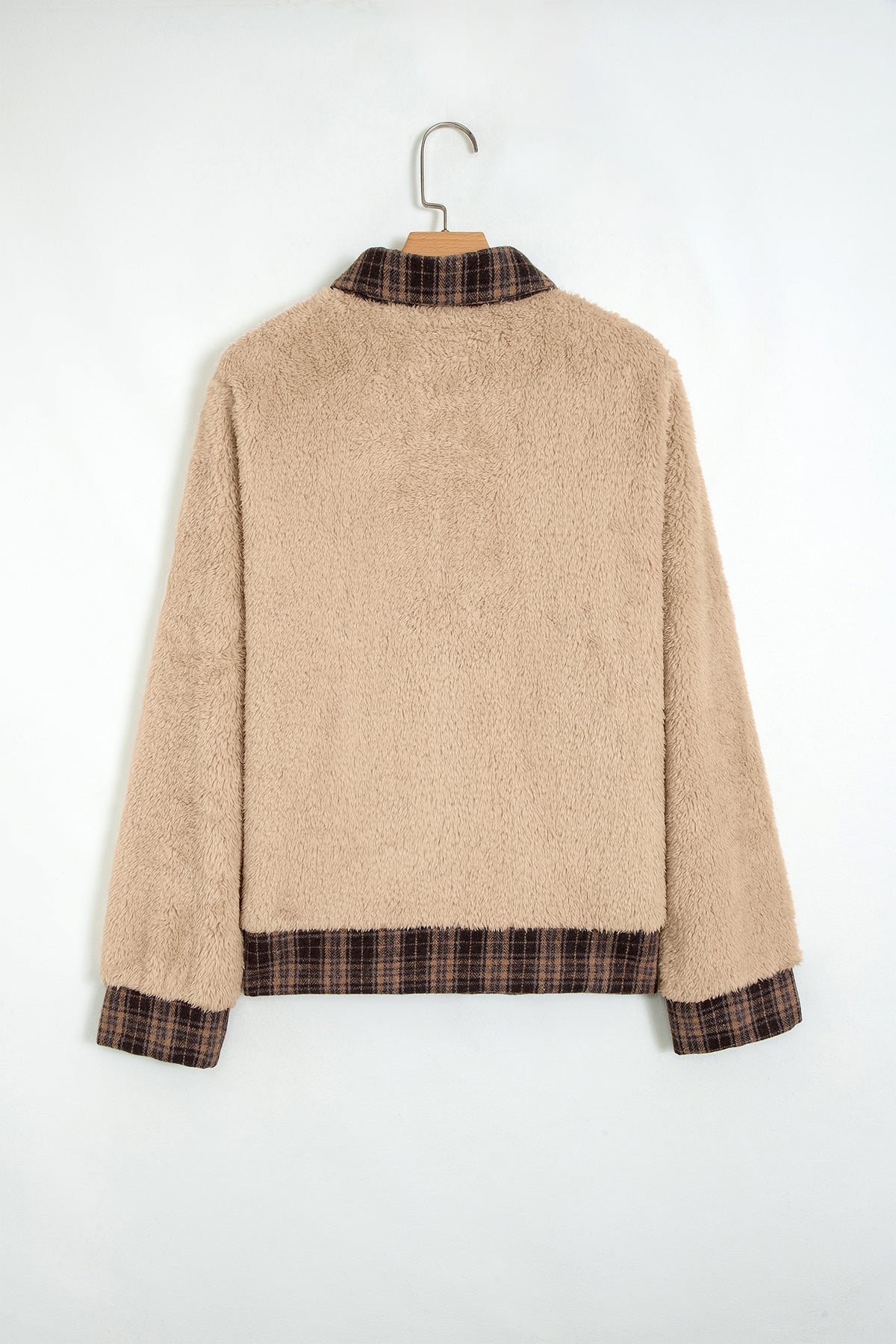 Light French Beige Plaid Collar Button Front Fleece Pullover Sweatshirt