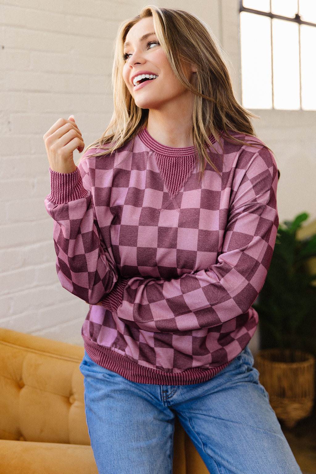 Red Ribbed Trim Checkered Print Long Sleeve Pullover Top