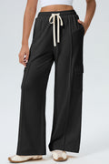 Black Solid Color Drawstring Elastic Waist Cargo Patch Pocket Active Pants