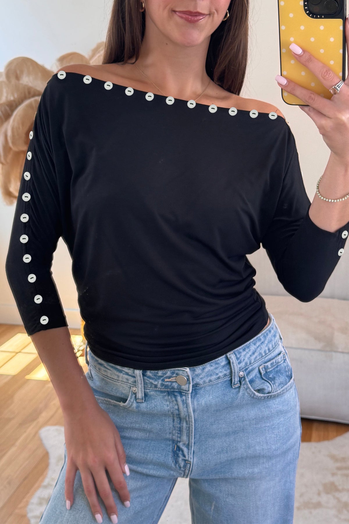 Black 3/4 Sleeve Button Detail Off Shoulder Top