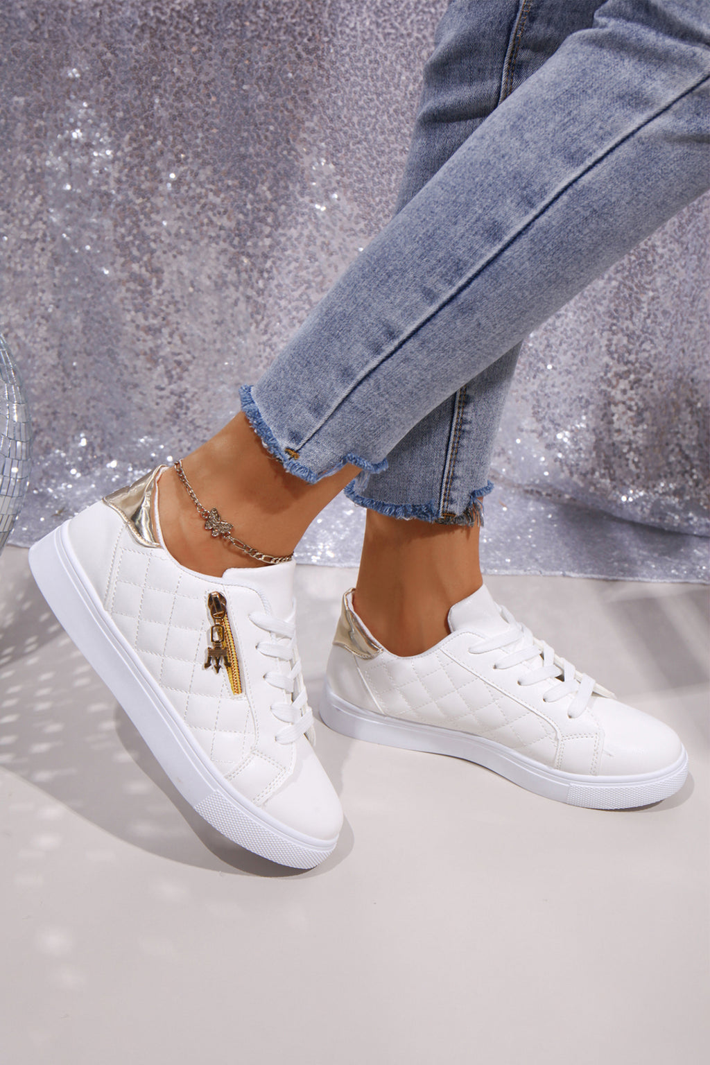 White Quilted PU Leather Zip Metallic Detail Lace-up Shoes