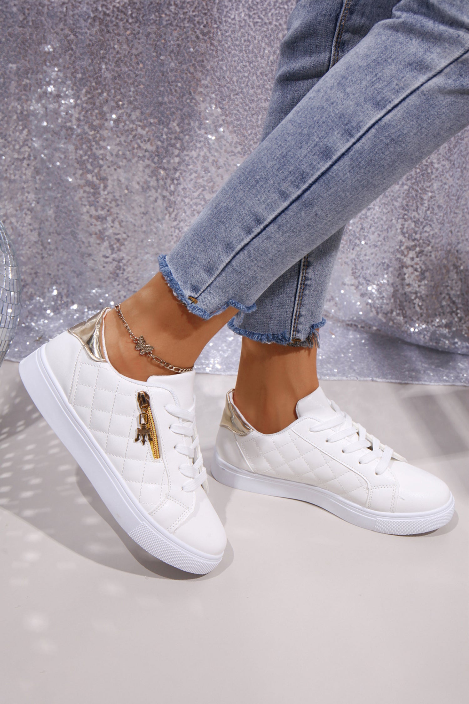 White Quilted PU Leather Zip Metallic Detail Lace-up Shoes