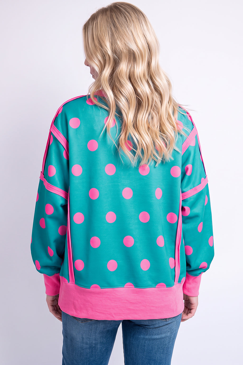 White Polka Dot Contrast Patchwork Round Neck Baggy Sweatshirt