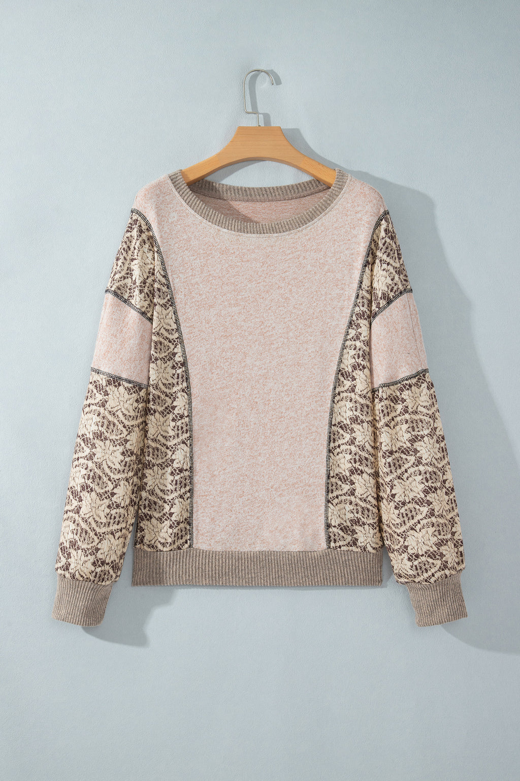 Khaki Floral Print Round Neck Long Sleeve Shift Top