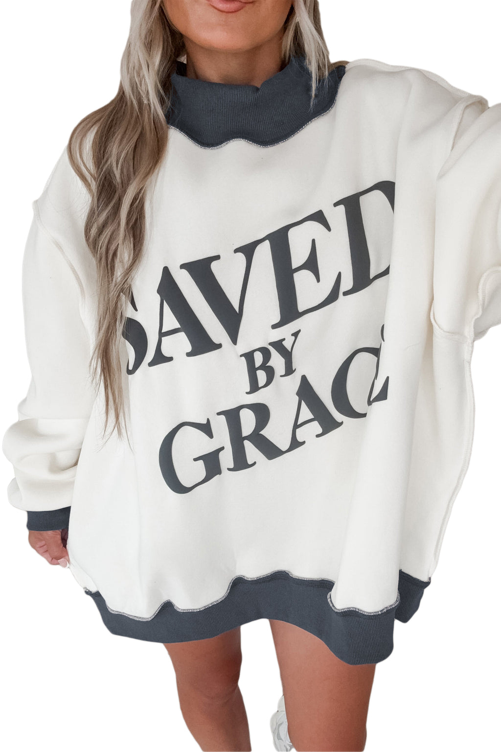 Beige Saved By Grace Print Color Block Mock Neck Oversized Sweatshirt