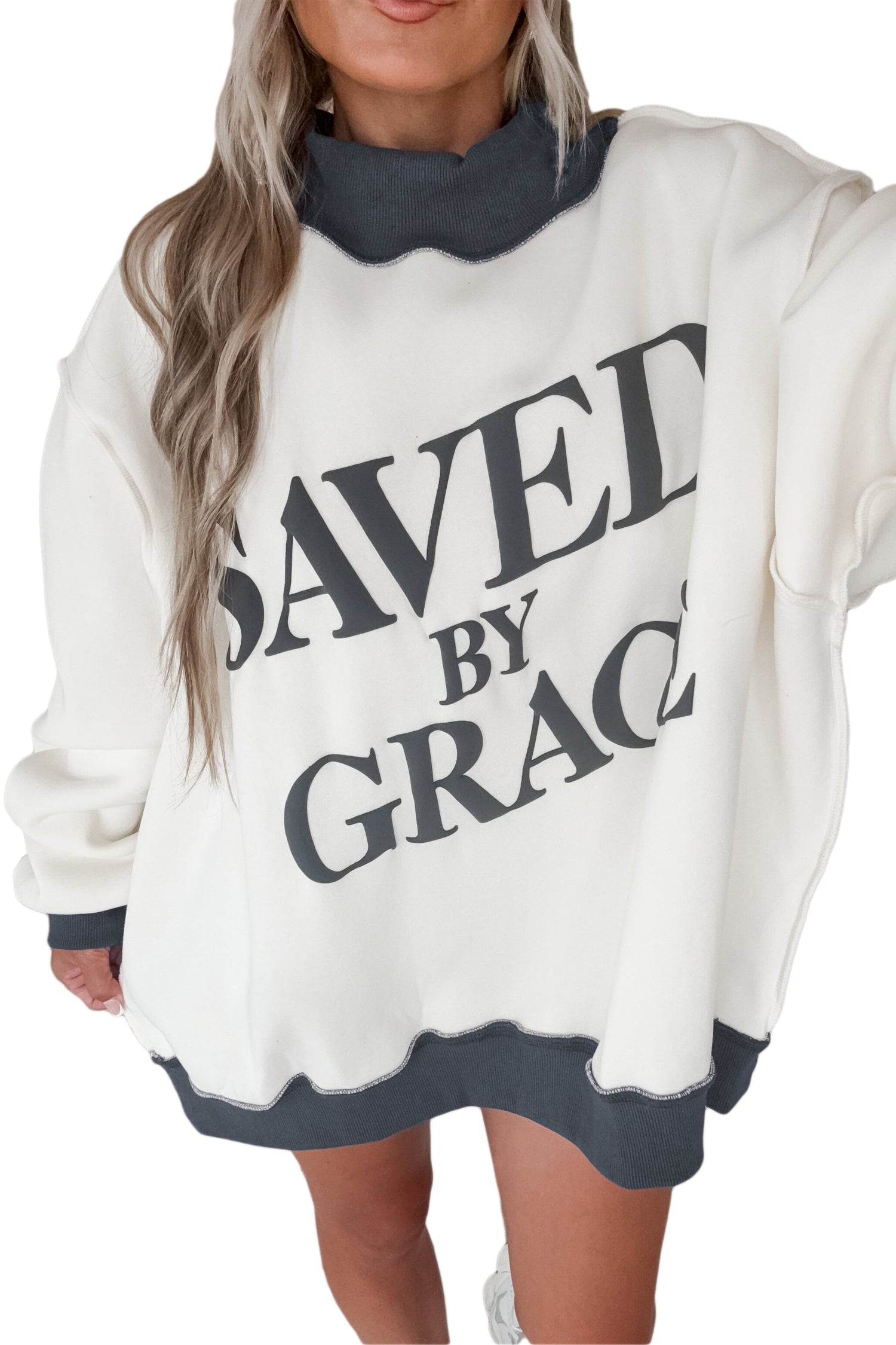 Beige Saved By Grace Print Color Block Mock Neck Oversized Sweatshirt