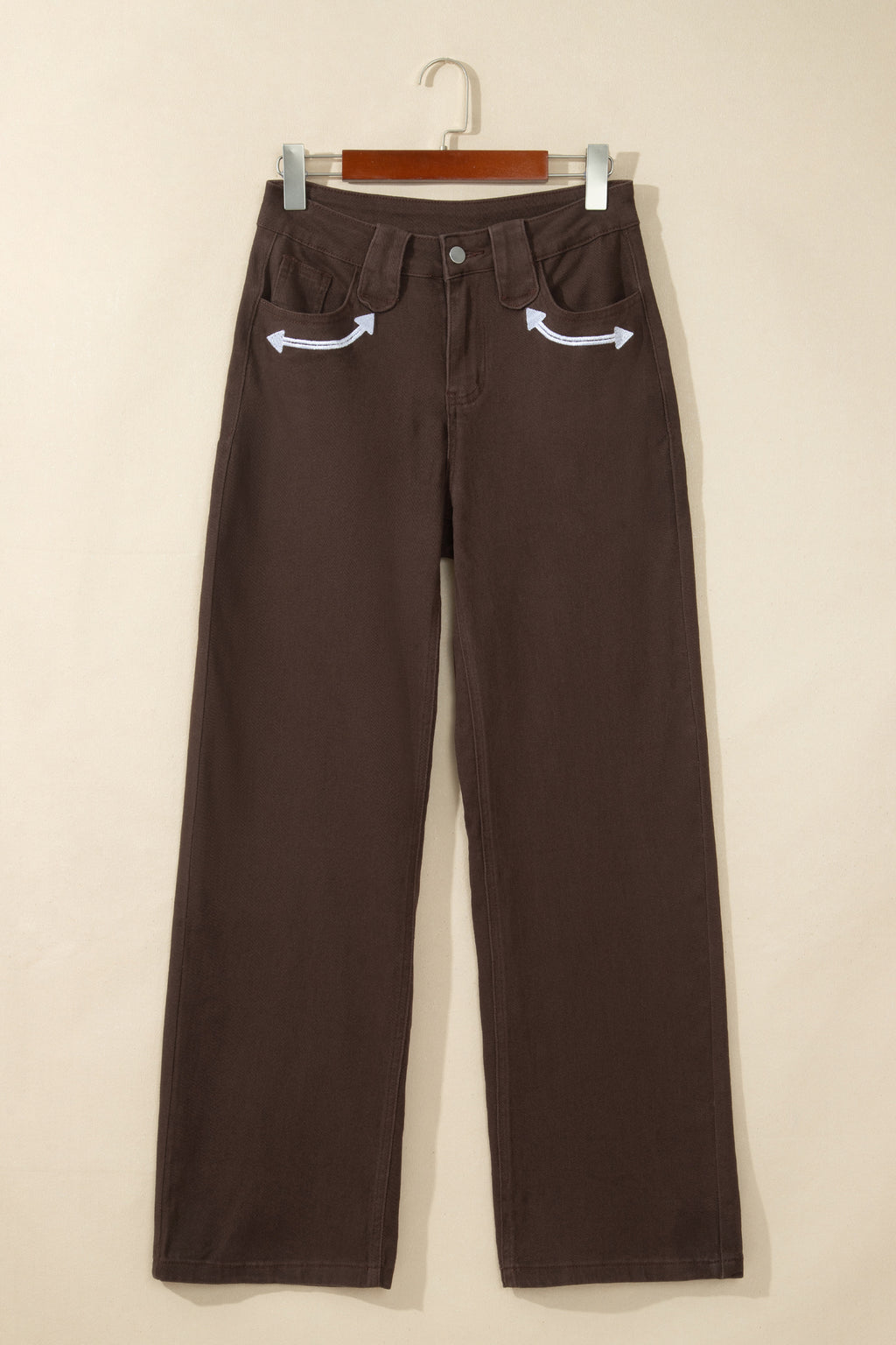 Coffee Western Colorblock Pockets Button Fly Decorative Belt Loops Straight Leg Jeans