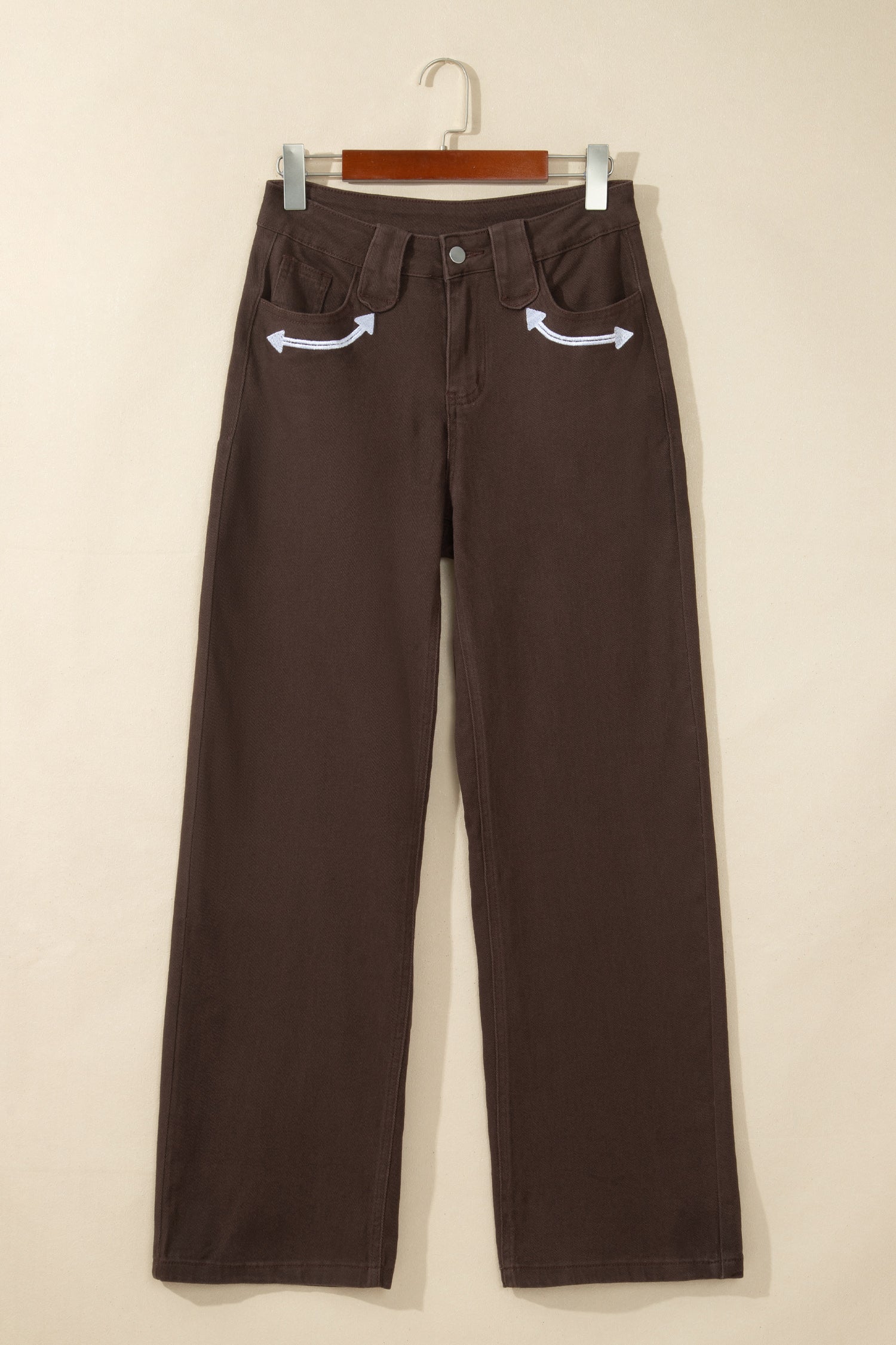 Coffee Western Colorblock Pockets Button Fly Decorative Belt Loops Straight Leg Jeans