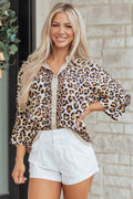 Khaki Mixed Leopard Patchwork 3/4 Sleeve Loose Shirt