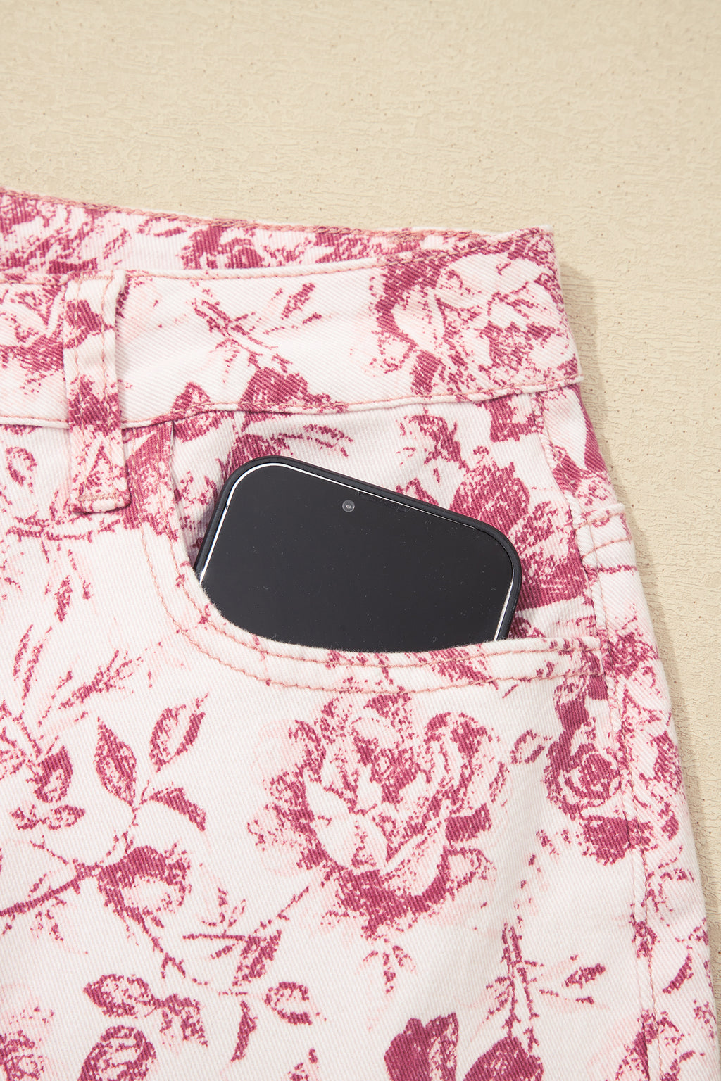 Pink Vintage Floral Print Denim Shift Pants