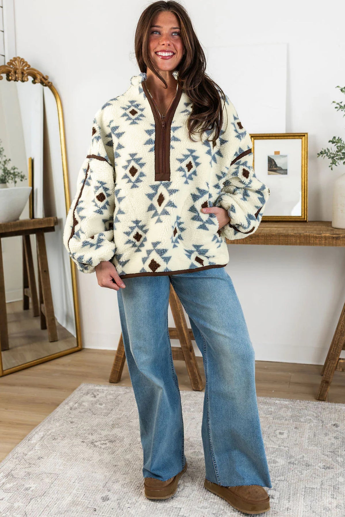 Beige Geometric Print Sherpa Western Style Long Sleeve Sweatshirt