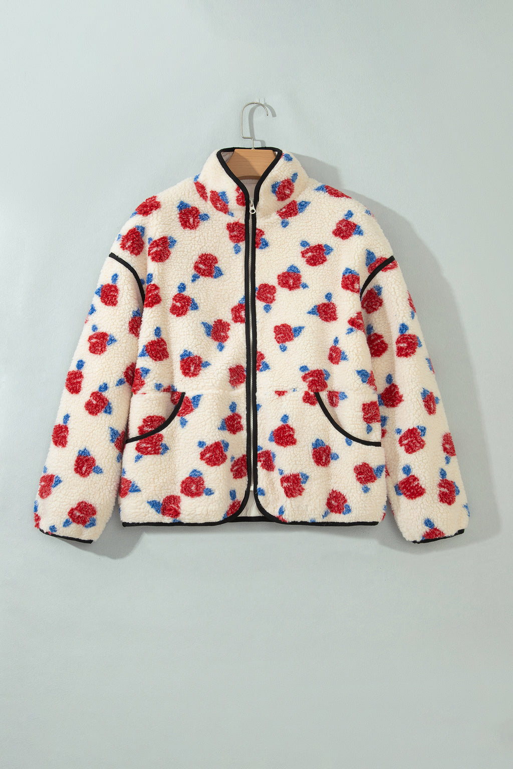 White Floral Print Zipper Stand Neck Outerwear Fleece Coat