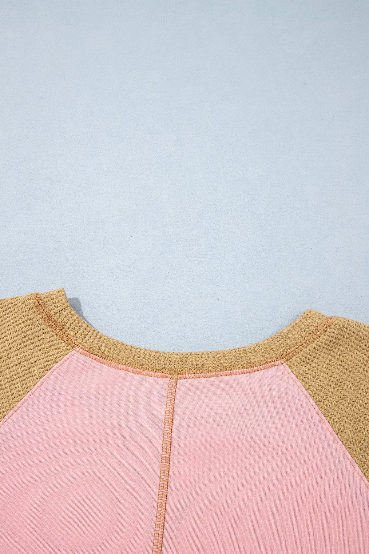 Apricot Pink Color Block Floral Waffle Mixed Patchwork Long Sleeve Top