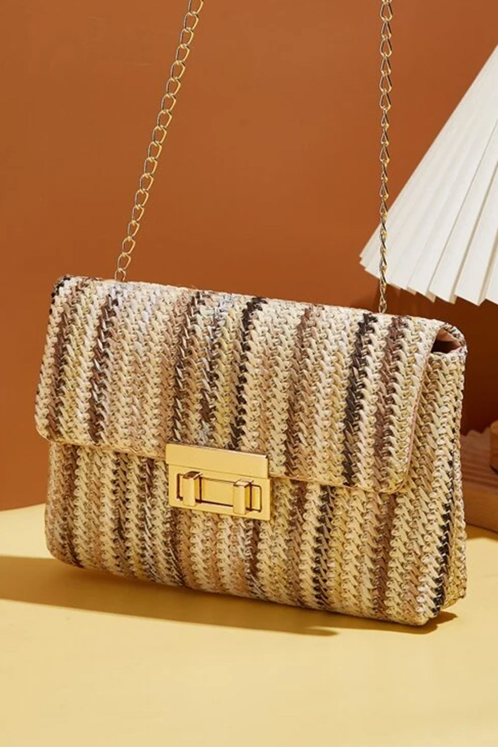 Strawberry Pink Straw Plaited Gold Chain Clasp Closure Single Shoulder Bag