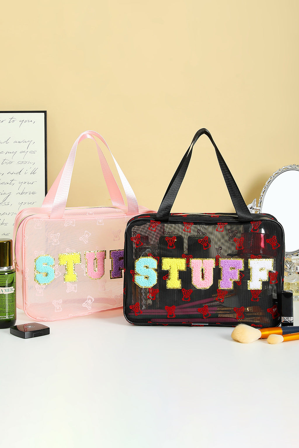 Color black STUFF Chenille Letter Patched Teddy Bear Mesh Lightweight Makeup Bag