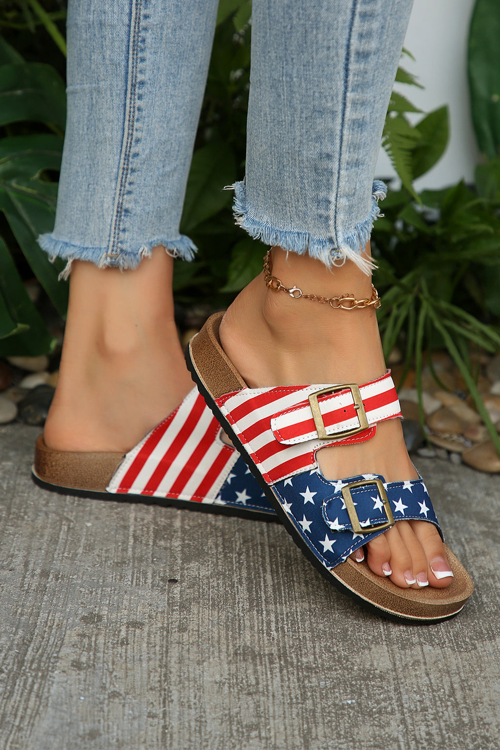 Dark Blue American Flag Retro Buckle Straps Hollowed Faux Suede Slippers