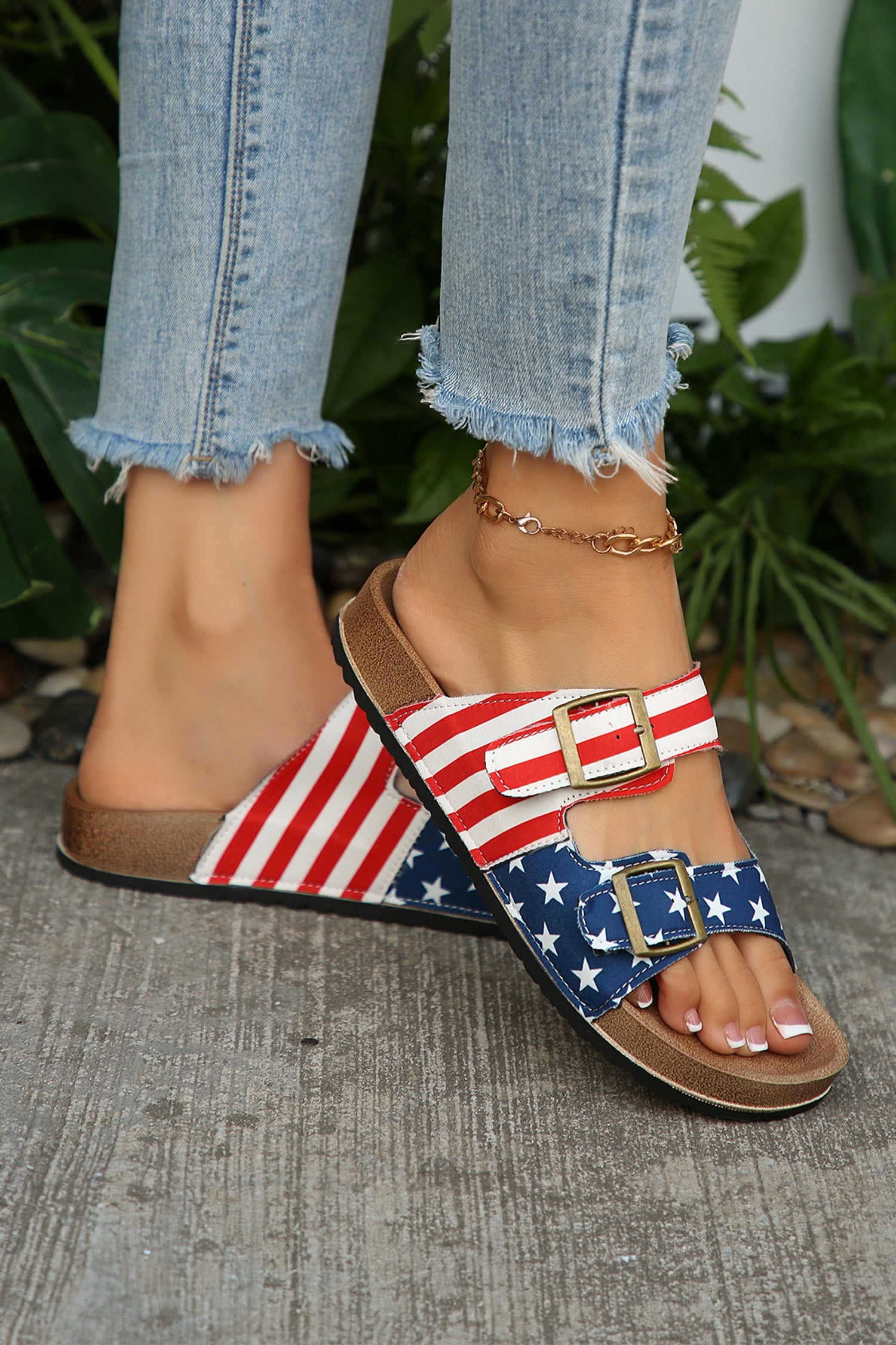 Dark Blue American Flag Retro Buckle Straps Hollowed Faux Suede Slippers