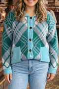 Green Plaid V Neck Long Sleeve Shift Cardigan Sweater