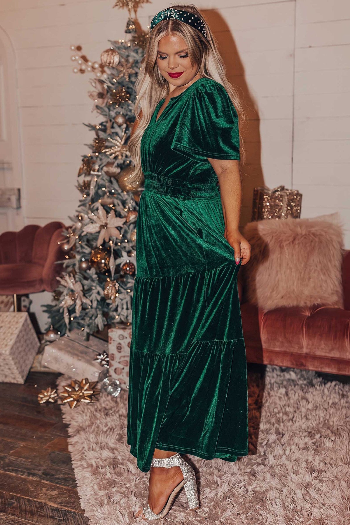 Blackish Green Velvet Short Sleeve Shirred Waist Tiered Plus Size Maxi Dress
