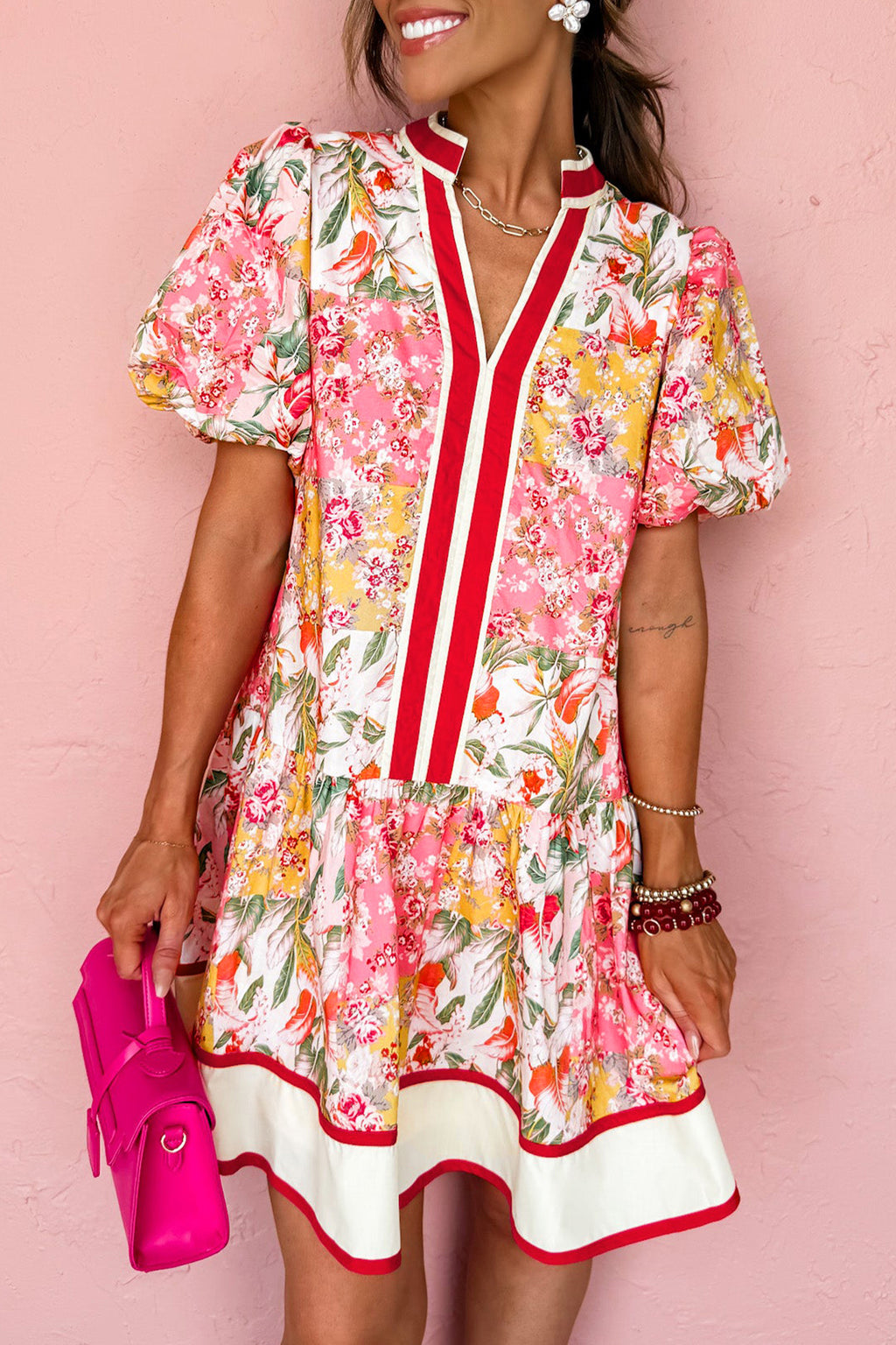 Pink Color Block Floral Print Contrast Trim V Neck Ruffle Hem Mini Dress