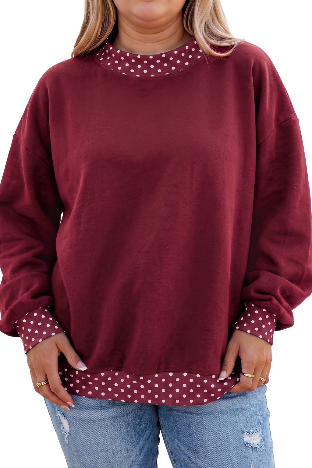 Tillandsia Purple Polka Dot Patchwork Round Neck Plus Size Sweatshirt