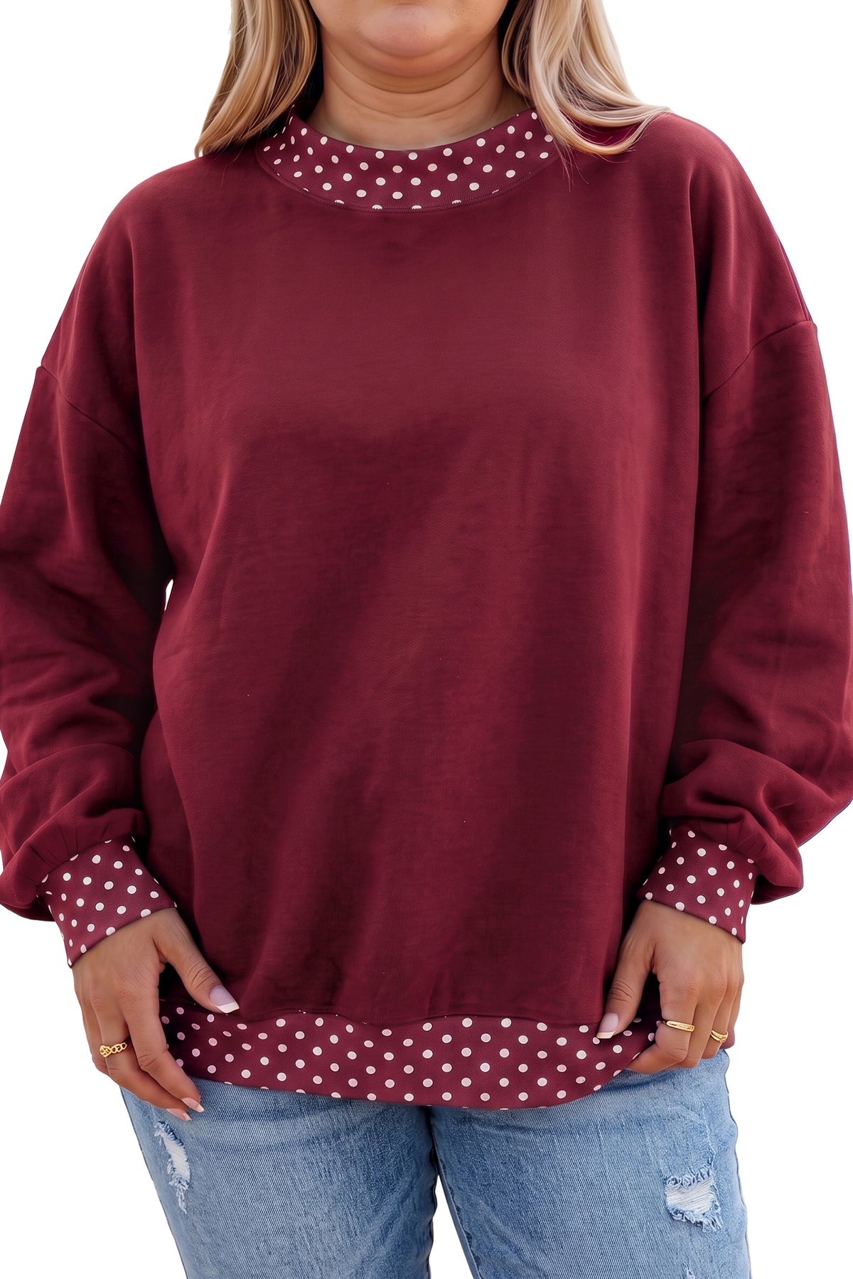 Tillandsia Purple Polka Dot Patchwork Round Neck Plus Size Sweatshirt